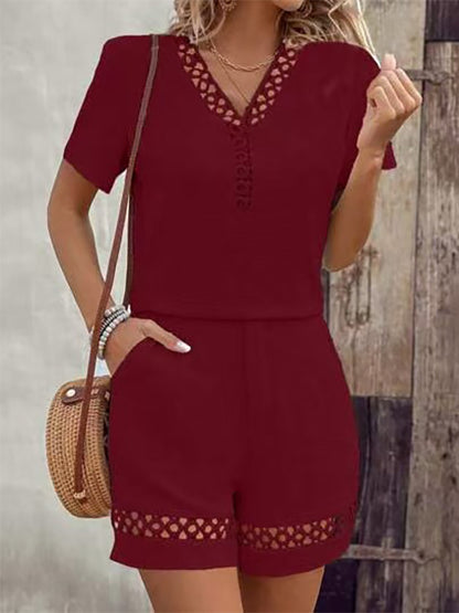 Eyelet Lace Women 2 Piece Set - Solid Color V Neck Top & Shorts Co-ord - Summer Casual Holiday 2026