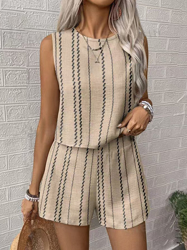 Boho Stripe Women 2 Piece Set - Sleeveless Tank & Casual Shorts Co-ord - Summer Beach Vacation 2026