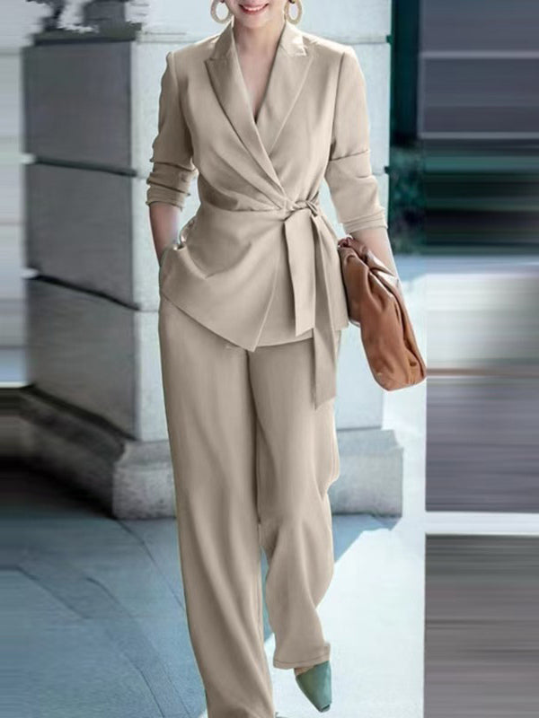 Elegant Wrap Blazer Women 2 Piece Set - Slim Fit Tie Waist Wide Leg Pantsuit - Spring Business Casual 2026