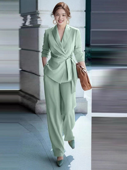 Elegant Wrap Blazer Women 2 Piece Set - Slim Fit Tie Waist Wide Leg Pantsuit - Spring Business Casual 2026