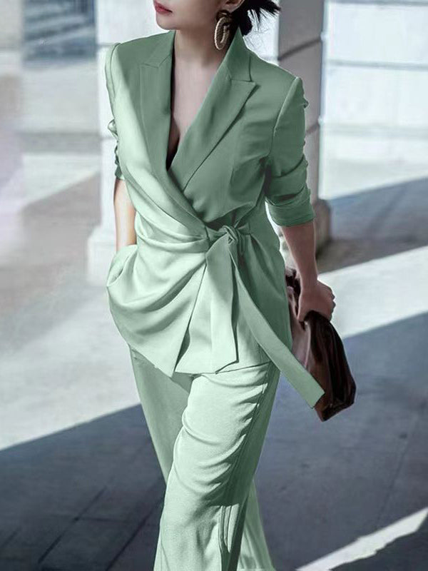 Elegant Wrap Blazer Women 2 Piece Set - Slim Fit Tie Waist Wide Leg Pantsuit - Spring Business Casual 2026
