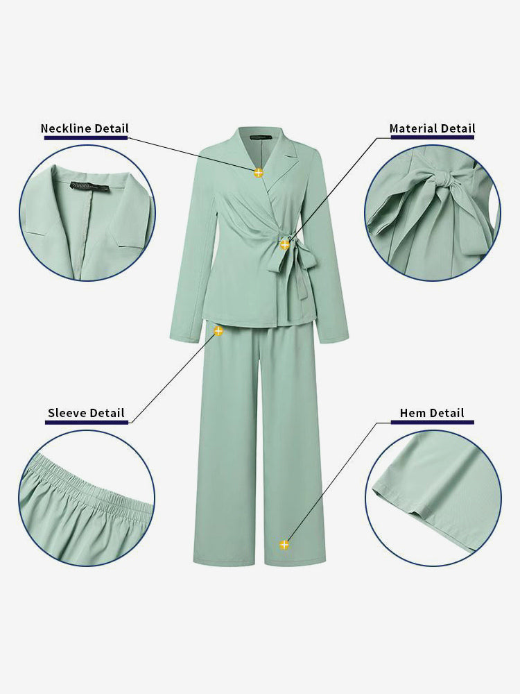 Elegant Wrap Blazer Women 2 Piece Set - Slim Fit Tie Waist Wide Leg Pantsuit - Spring Business Casual 2026