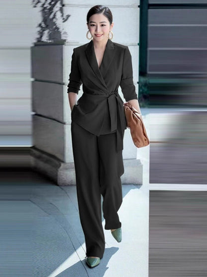 Elegant Wrap Blazer Women 2 Piece Set - Slim Fit Tie Waist Wide Leg Pantsuit - Spring Business Casual 2026
