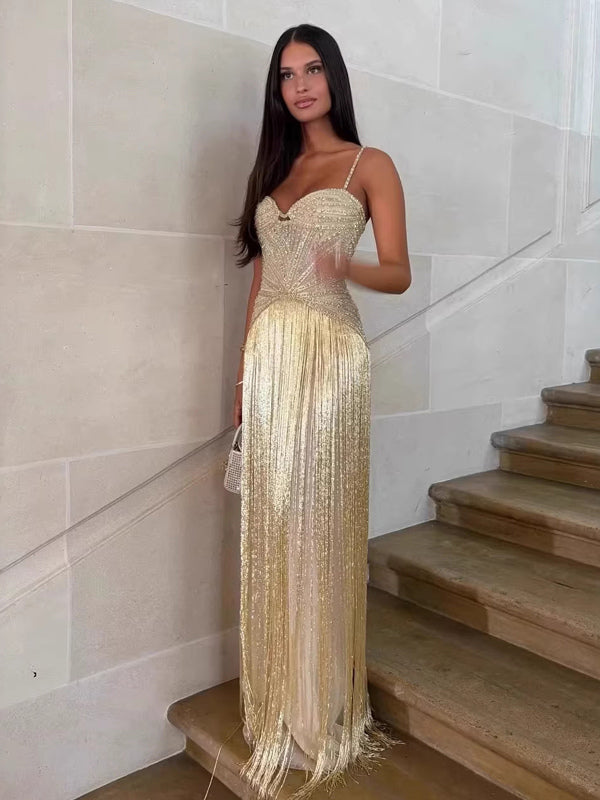 Beaded Fringed Slip Cocktail Dress For Women - Apricot Gatsby Flapper Style Sleeveless Maxi Gown - Summer Party Prom 2026