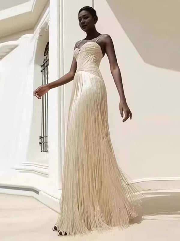Beaded Fringed Slip Cocktail Dress For Women - Apricot Gatsby Flapper Style Sleeveless Maxi Gown - Summer Party Prom 2026