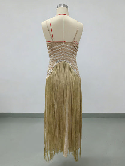 Beaded Fringed Slip Cocktail Dress For Women - Apricot Gatsby Flapper Style Sleeveless Maxi Gown - Summer Party Prom 2026