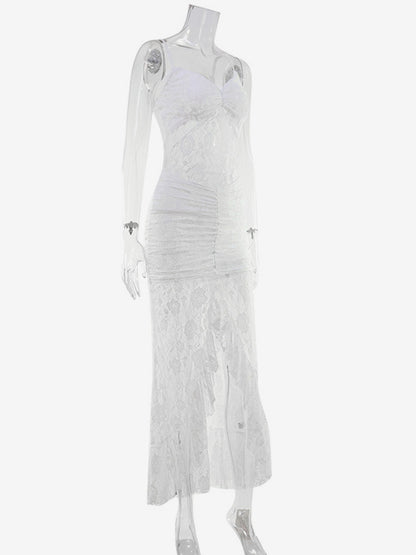 Sheer Lace Ruffle Maxi Slip Dress For Women - White Sexy High-Low Hem Spaghetti Strap Bodycon Gown - Summer Gala Party 2026