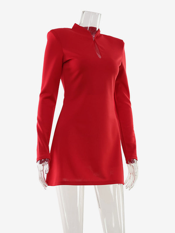 Keyhole Neck Mini Dress For Women - Red Elegant Padded Shoulder Long Sleeve Slim Fit Bodycon - Spring Date Night 2026