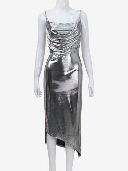 Metallic Cowl Neck Slip Dress For Women - Silver Sexy Cut Out Back Asymmetrical Midi Slit Dress - Summer Night Club Party 2026