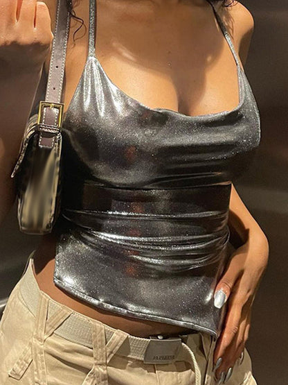 Metallic Halter Top For Women - Silver Sexy Side Slit Asymmetrical Tank - Summer Night Club Party 2026