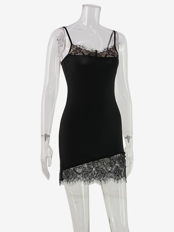 Lace Trim Slip Dress For Women - Black Y2K Aesthetic Sleeveless Bodycon Mini Dress - Summer Night Out Partywear 2026