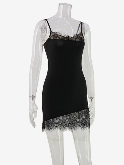 Lace Trim Slip Dress For Women - Black Y2K Aesthetic Sleeveless Bodycon Mini Dress - Summer Night Out Partywear 2026