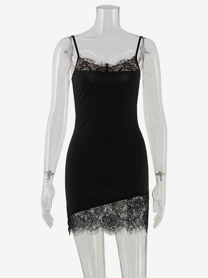 Lace Trim Slip Dress For Women - Black Y2K Aesthetic Sleeveless Bodycon Mini Dress - Summer Night Out Partywear 2026