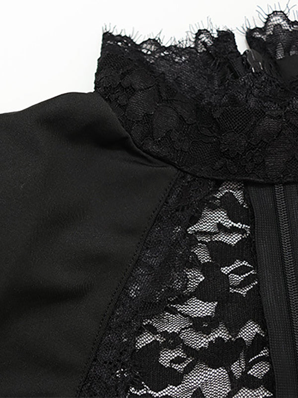 Sheer Lace Cut Out Bodycon Dress For Women - Black Gothic Chic Ruched Mini Sheath Dress - Summer Night Out Party 2026