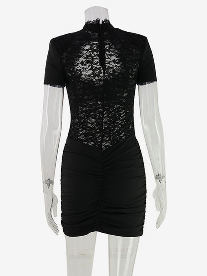 Sheer Lace Cut Out Bodycon Dress For Women - Black Gothic Chic Ruched Mini Sheath Dress - Summer Night Out Party 2026