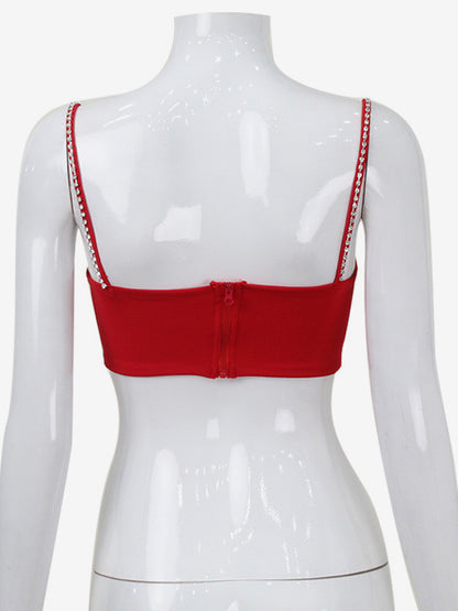 Heart Shaped Crop Top For Women - Red Rhinestone Y2K Aesthetic Cami - Summer Music Festival Club 2026