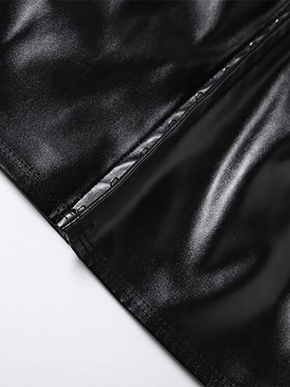 Faux Leather Crop Top For Women - Black Sexy Cutout Mock Neck Short Sleeve Top - Summer Rave Clubwear 2026