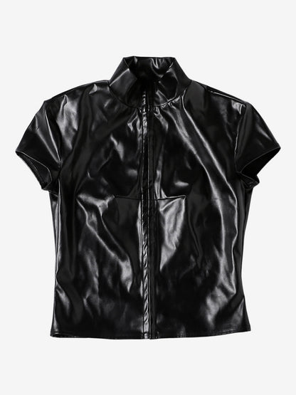 Faux Leather Crop Top For Women - Black Sexy Cutout Mock Neck Short Sleeve Top - Summer Rave Clubwear 2026