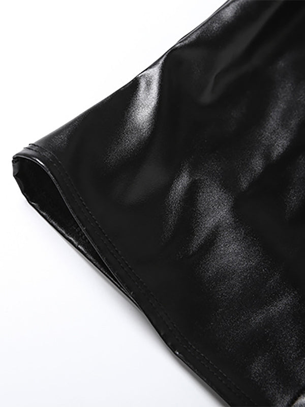 Faux Leather Crop Top For Women - Black Sexy Cutout Mock Neck Short Sleeve Top - Summer Rave Clubwear 2026