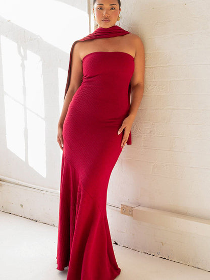 Minimalist Scarf Neck Strapless Dress For Women - Elegant Mermaid Maxi Gown - Spring Formal Evening Gala 2026