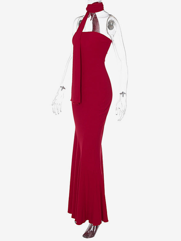 Minimalist Scarf Neck Strapless Dress For Women - Elegant Mermaid Maxi Gown - Spring Formal Evening Gala 2026