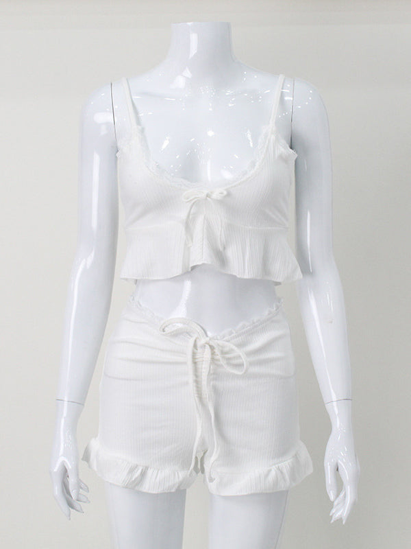 White Lace Trim Coquette 2 Piece Set For Women - Cami & Short Loungewear - Summer Beach Casual 2026