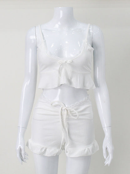 White Lace Trim Coquette 2 Piece Set For Women - Cami & Short Loungewear - Summer Beach Casual 2026