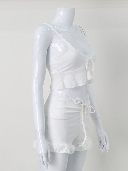 White Lace Trim Coquette 2 Piece Set For Women - Cami & Short Loungewear - Summer Beach Casual 2026