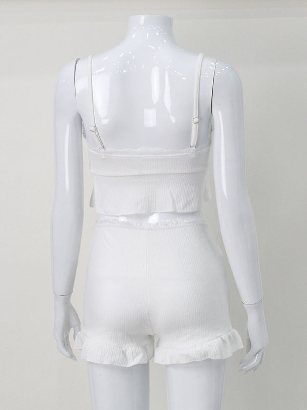 White Lace Trim Coquette 2 Piece Set For Women - Cami & Short Loungewear - Summer Beach Casual 2026