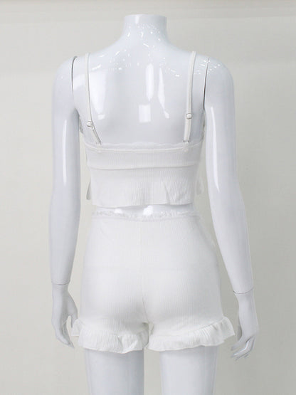 White Lace Trim Coquette 2 Piece Set For Women - Cami & Short Loungewear - Summer Beach Casual 2026