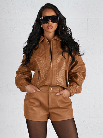 Woven Pattern Faux Leather Bomber For Women - Textured Zip Up Cropped Jacket - Spring Biker Streetwear 2026