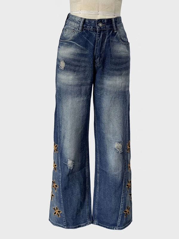 Cutout Flower Wide Leg Jeans For Women - Medium Wash Vintage Distressed Y2K Pants - Spring Festival Streetwear 2026