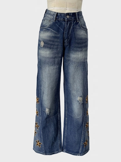 Cutout Flower Wide Leg Jeans For Women - Medium Wash Vintage Distressed Y2K Pants - Spring Festival Streetwear 2026
