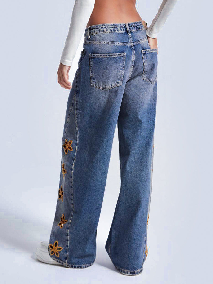 Cutout Flower Wide Leg Jeans For Women - Medium Wash Vintage Distressed Y2K Pants - Spring Festival Streetwear 2026