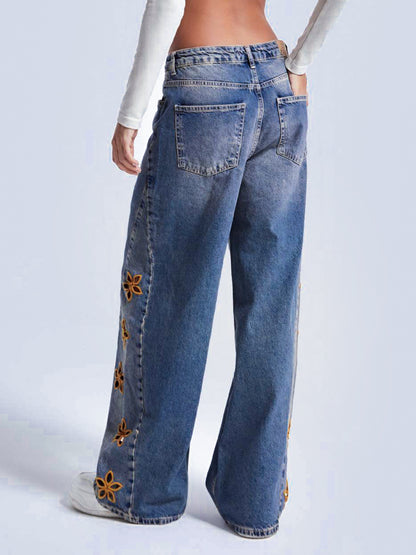 Cutout Flower Wide Leg Jeans For Women - Medium Wash Vintage Distressed Y2K Pants - Spring Festival Streetwear 2026