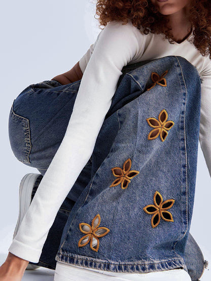 Cutout Flower Wide Leg Jeans For Women - Medium Wash Vintage Distressed Y2K Pants - Spring Festival Streetwear 2026