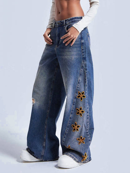 Cutout Flower Wide Leg Jeans For Women - Medium Wash Vintage Distressed Y2K Pants - Spring Festival Streetwear 2026