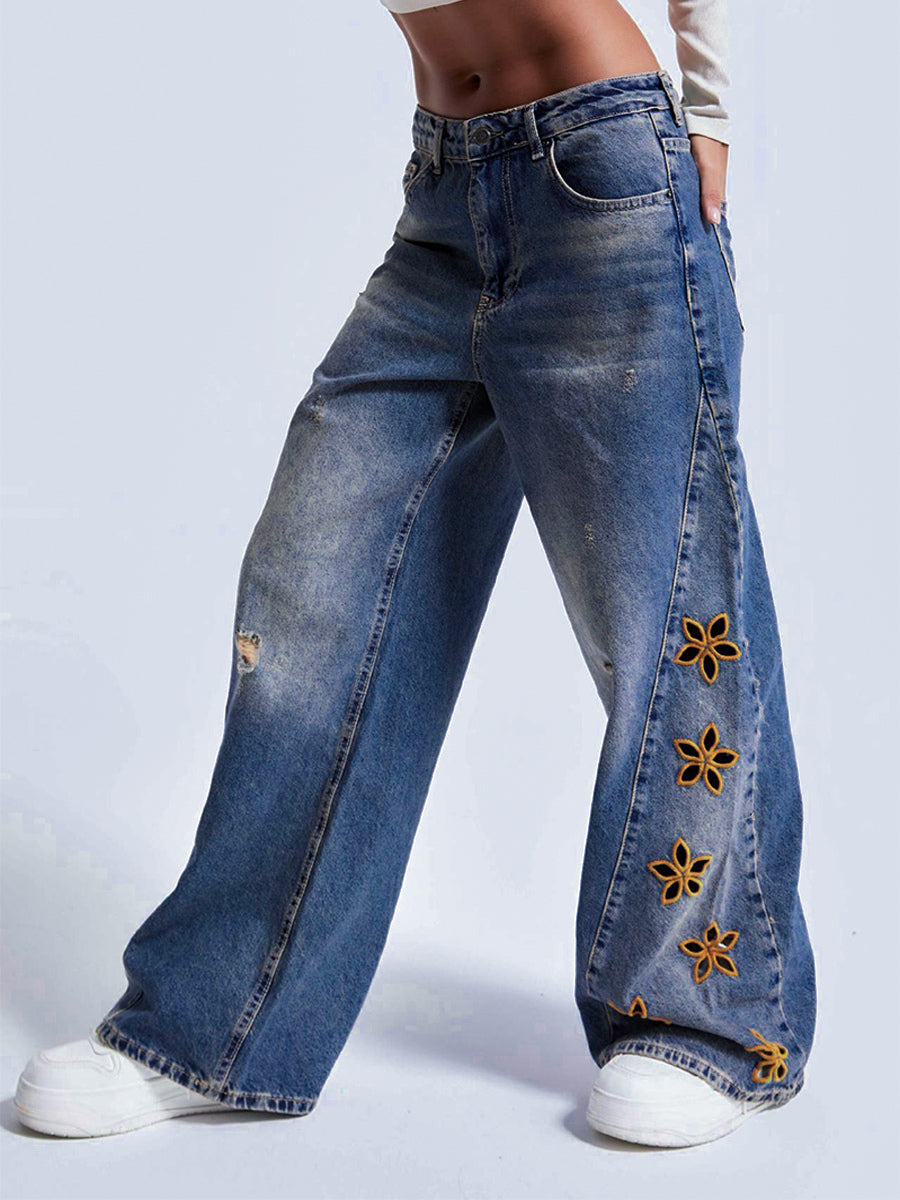 Cutout Flower Wide Leg Jeans For Women - Medium Wash Vintage Distressed Y2K Pants - Spring Festival Streetwear 2026