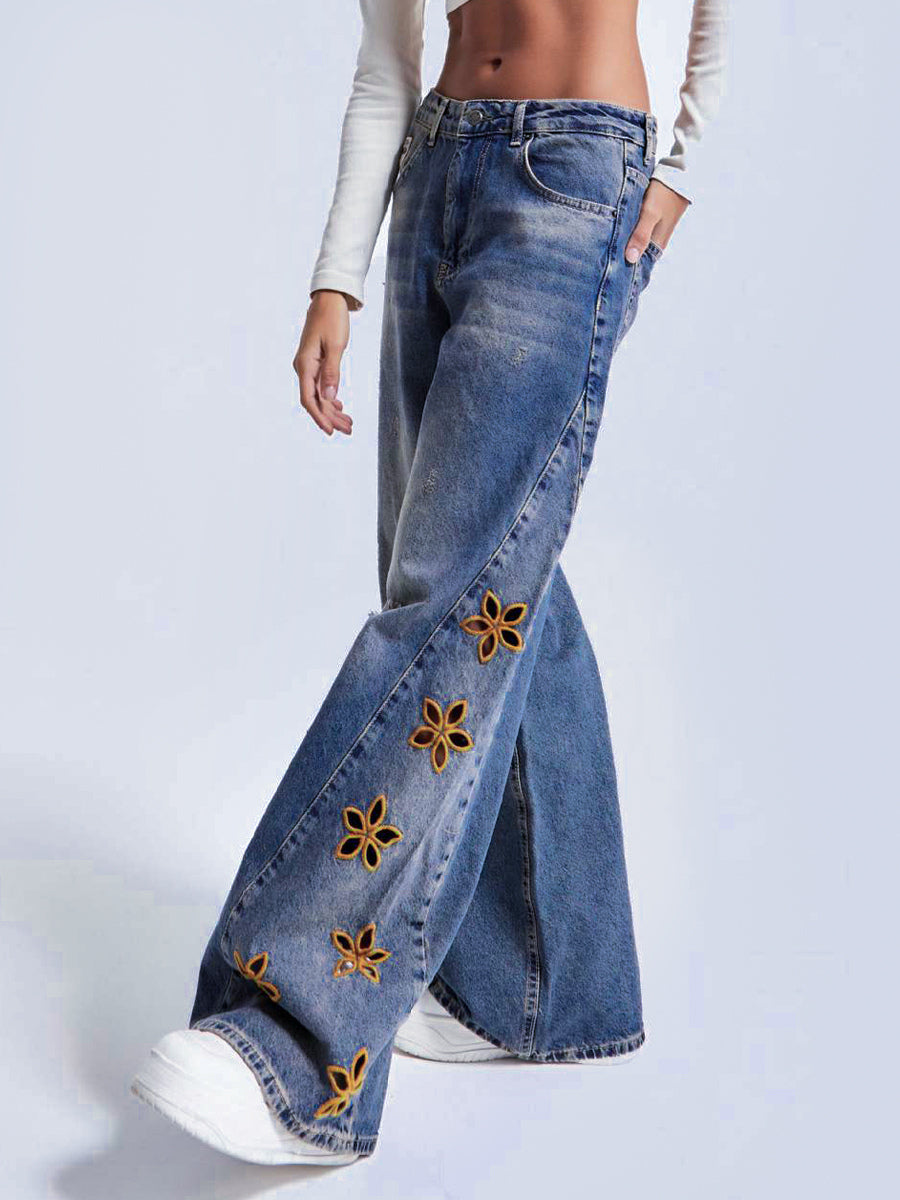 Cutout Flower Wide Leg Jeans For Women - Medium Wash Vintage Distressed Y2K Pants - Spring Festival Streetwear 2026