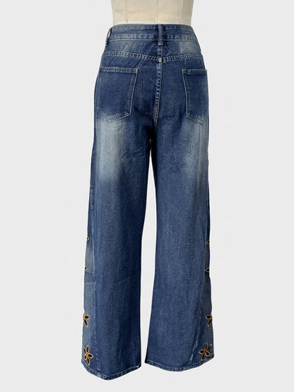 Cutout Flower Wide Leg Jeans For Women - Medium Wash Vintage Distressed Y2K Pants - Spring Festival Streetwear 2026