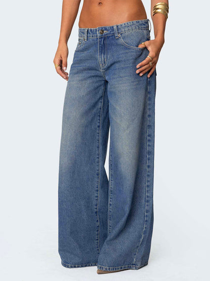 Low Rise Wide Leg Baggy Jeans For Women - Medium Wash Vintage Y2K Loose Fit Denim - Summer Casual Streetwear 2026