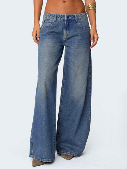 Low Rise Wide Leg Baggy Jeans For Women - Medium Wash Vintage Y2K Loose Fit Denim - Summer Casual Streetwear 2026