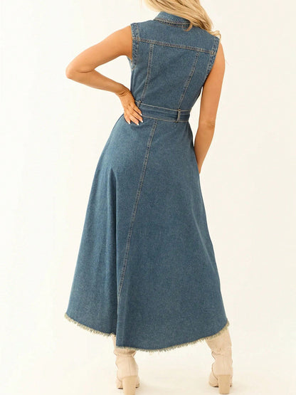 High Low Denim Midi Dress For Women - Medium Wash Sleeveless Bow Tie Waist Gown With Pockets - Summer Festival Wear 2026