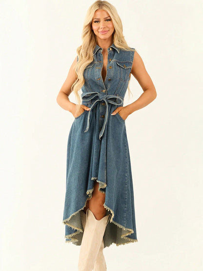 High Low Denim Midi Dress For Women - Medium Wash Sleeveless Bow Tie Waist Gown With Pockets - Summer Festival Wear 2026