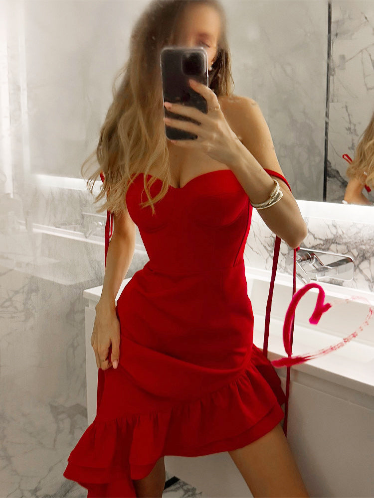 Red Bodycon Ruffle Slip Dress For Women - Slim Fit High Slit Asymmetrical Long Cami - Summer Night Out Party 2026