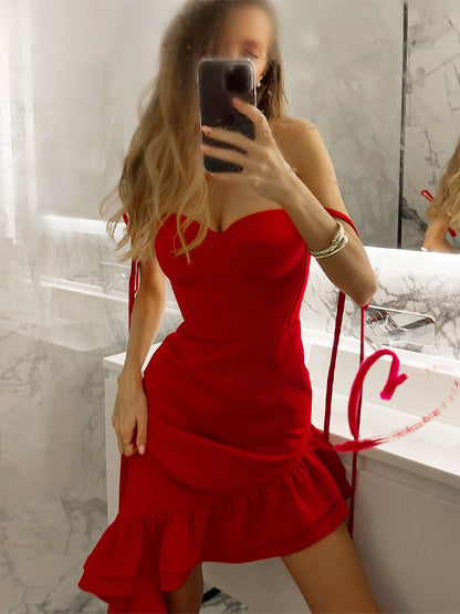 Red Bodycon Ruffle Slip Dress For Women - Slim Fit High Slit Asymmetrical Long Cami - Summer Night Out Party 2026