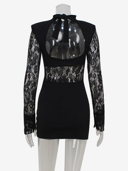 Sheer Lace Patchwork Mini Dress For Women - Bodycon High Neck Padded Shoulder Gown - Spring Night Out Party Clubwear 2026