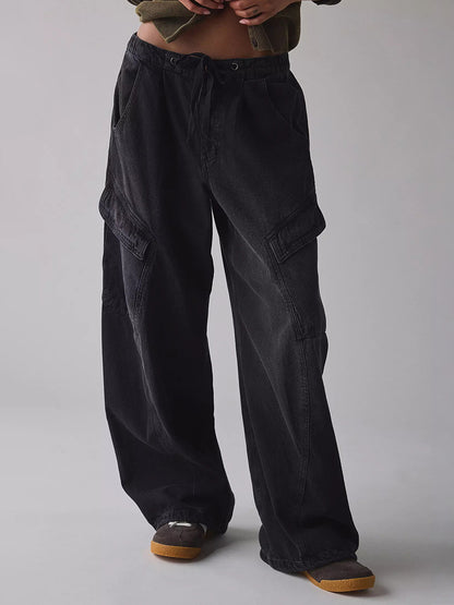 Baggy Cargo Jeans For Women - Washed Retro Y2K Low Rise Drawstring Wide Leg Pants - Spring Streetwear 2026
