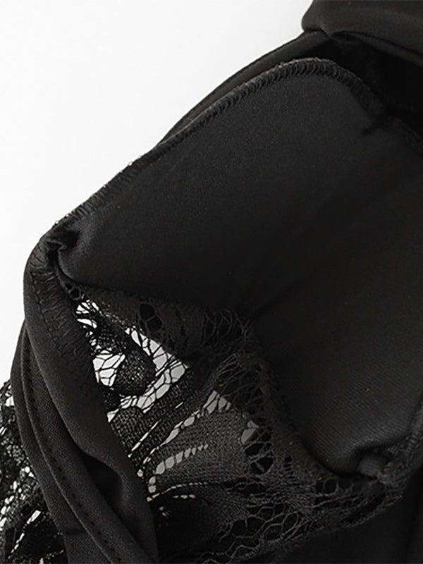 Sheer Lace Patchwork Mini Dress For Women - Bodycon High Neck Padded Shoulder Gown - Spring Night Out Party Clubwear 2026