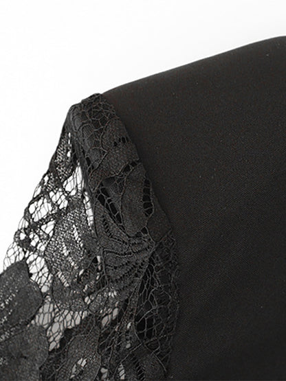 Sheer Lace Patchwork Mini Dress For Women - Bodycon High Neck Padded Shoulder Gown - Spring Night Out Party Clubwear 2026